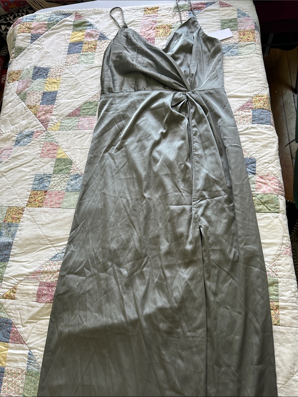 L—Sleeveless Satin Wrap Maxi Dress in Sage Green